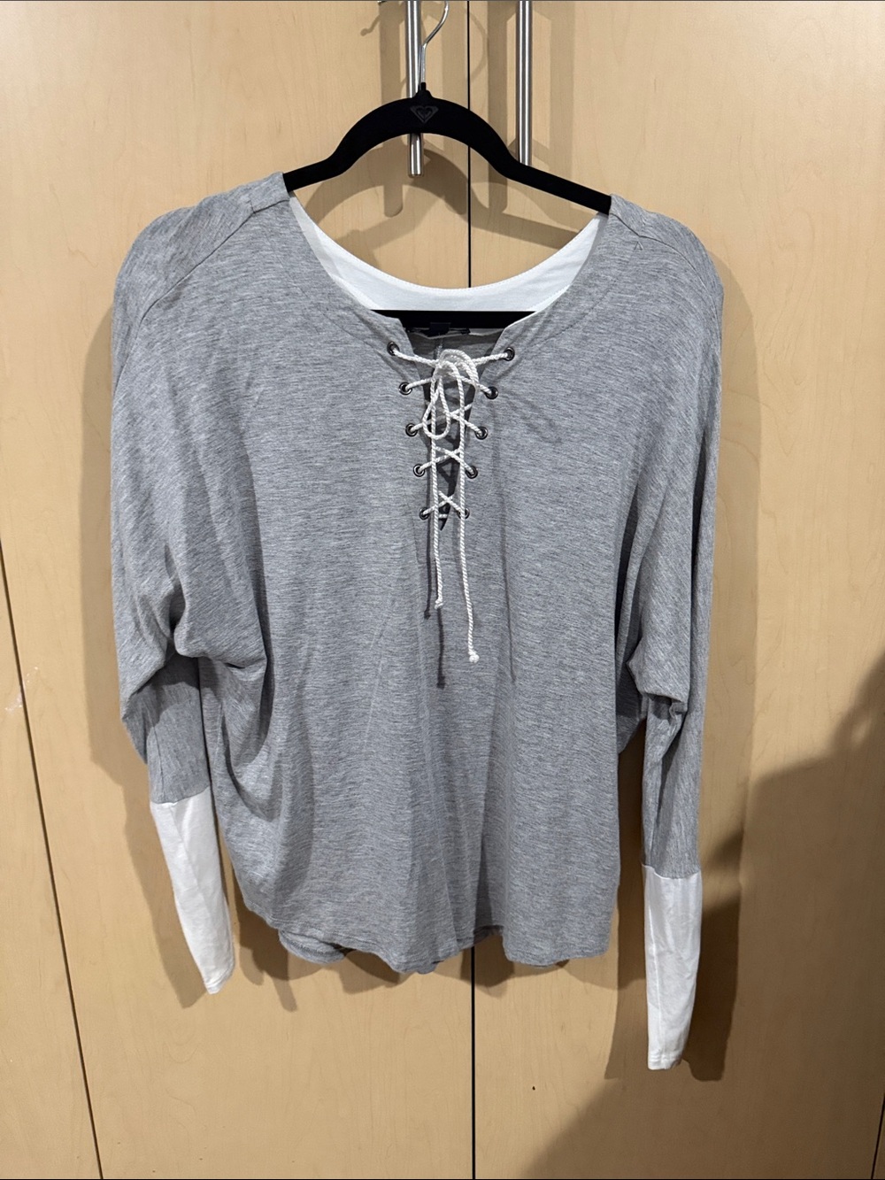 Charming Grey Lace-Up Long Sleeve Top with White Sleeve Accents
